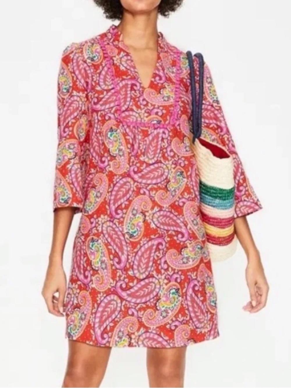 Boden Evangeline Red Paisley Print Linen Tunic Dress